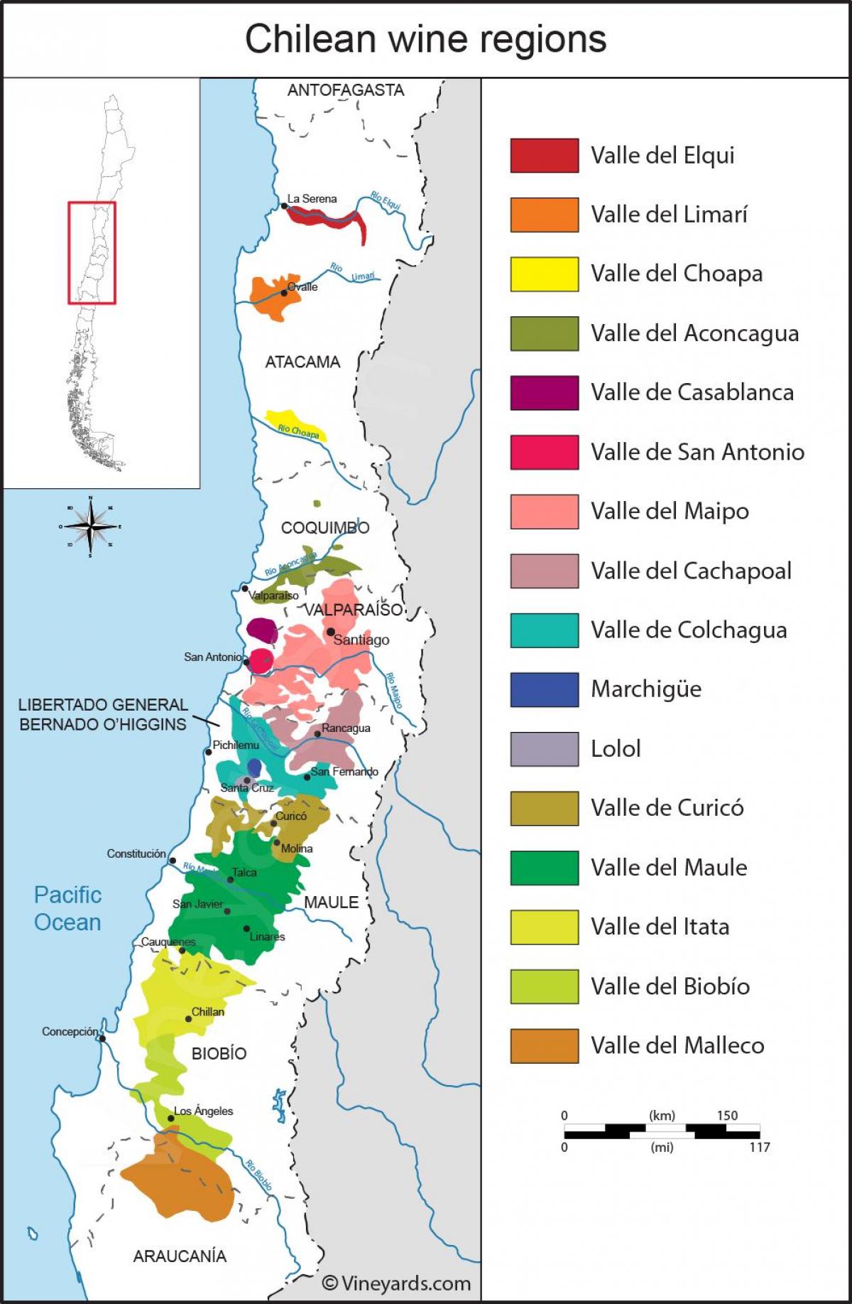 Bản đồ của Chile, vùng rượu vang, 